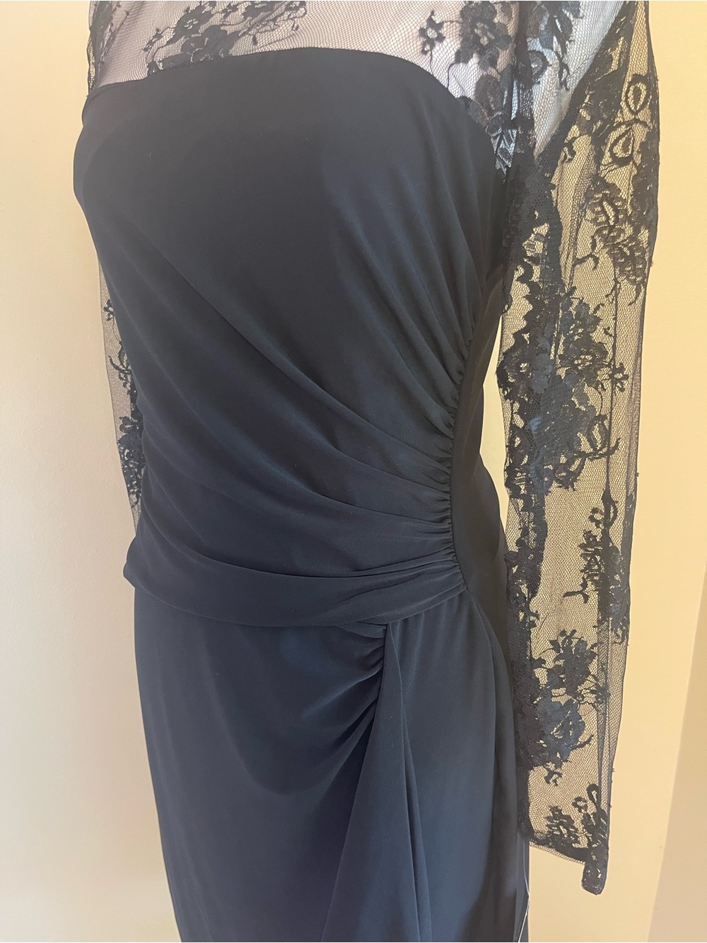 Black Sheer Floral Lace Faux Wrap Dress 8 Ruched Stretchy Cocktail Party Formal - Picture 5 of 16